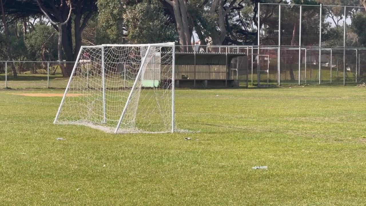 A small Football Goal post on a football field.