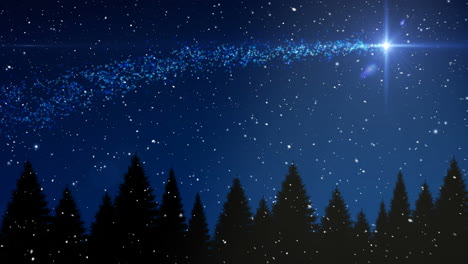 animation of snow falling over shooting star and christmas trees on blue background