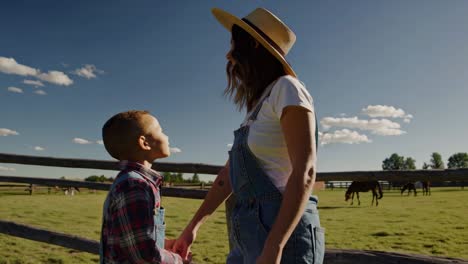 mother and son on a farm