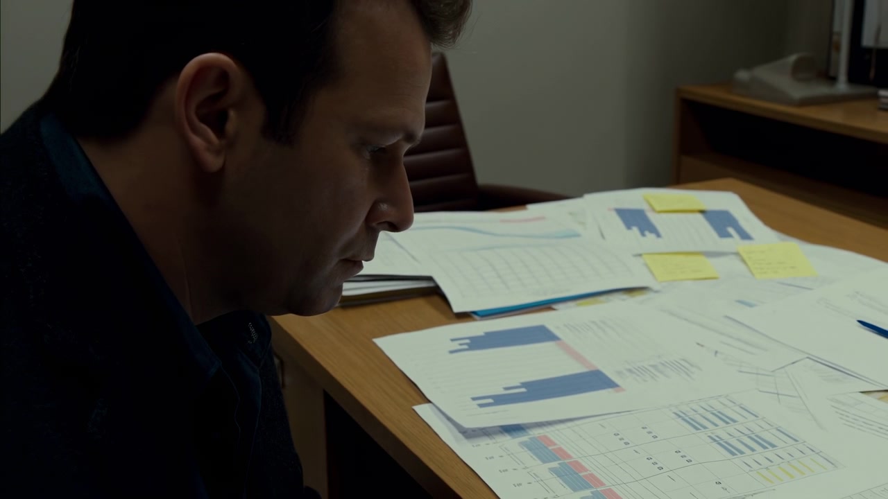 Una vista di profilo mostra un uomo che esamina grafici stampati, tabelle e appunti sparsi su una scrivania di legno, con un'illuminazione soffusa dell'ufficio e una penna tenuta sopra i documenti verso la fine