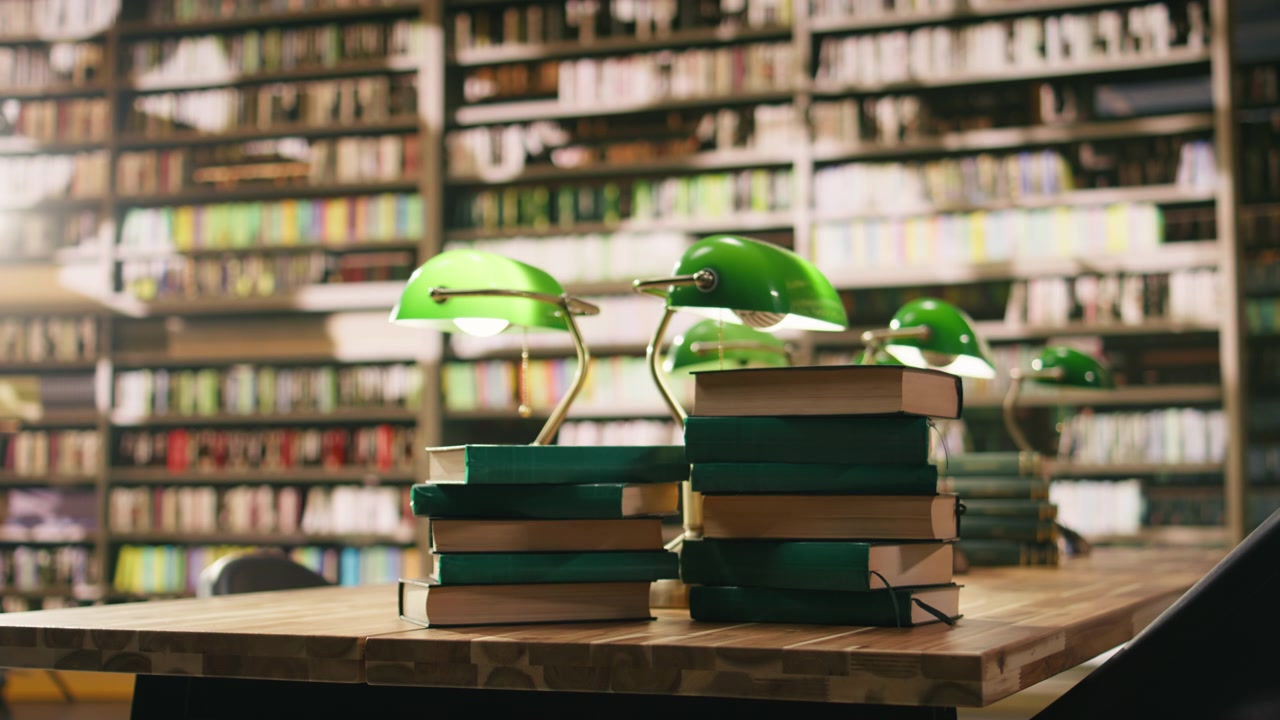 Primo piano di libri impilati su una scrivania in una tranquilla biblioteca universitaria con illuminazione calda