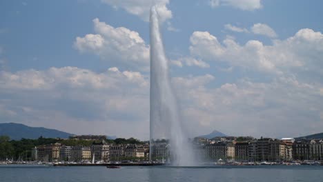 a big fountain on the water in the city of geneva, switzerland