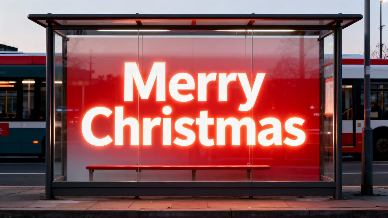 Glowing shelter panel reading Merry Christmas, casting red glow on bench at curb, buses passing