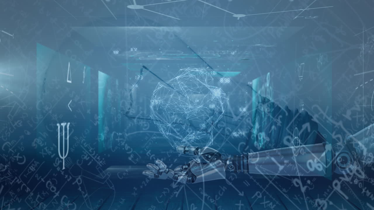 수학 방정식과 디지털 화면 위에서 회전하는 모양의 애니메이션