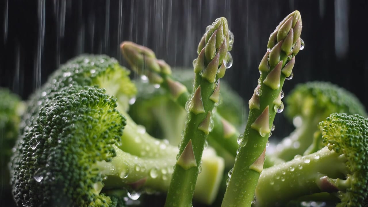Asparagi e broccoli freschi lavati sotto acqua corrente