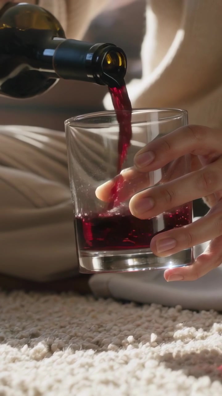 Video verticale: Bottiglia verde inclinata, donna in abiti color cuoio che versa vino rosso in un bicchiere per bere