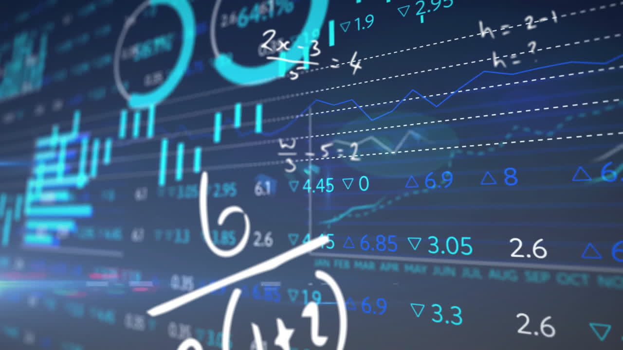 Processing financial data and equations, animation over stock market chart in school