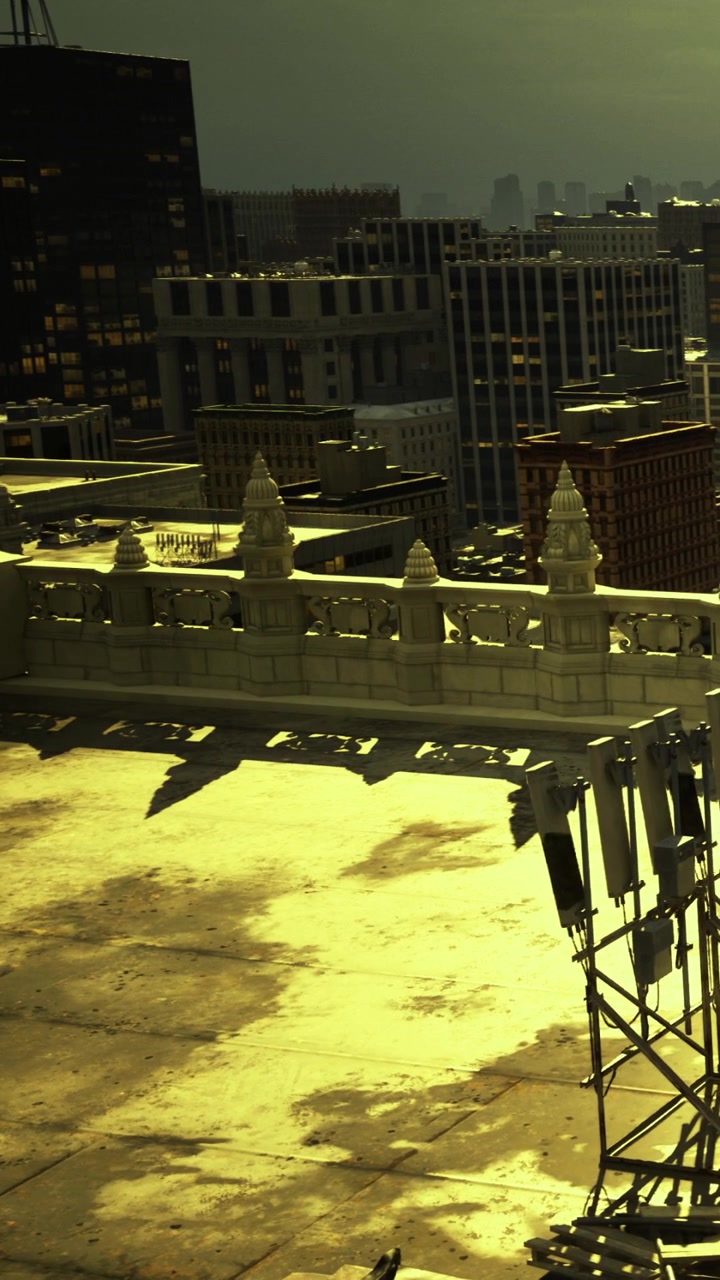 Golden hour lights up a bustling city skyline from a rooftop view