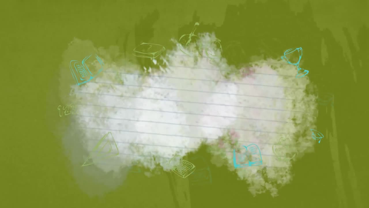 초록색 배경에 라인 된 종이와 학교 아이콘의 애니메이션