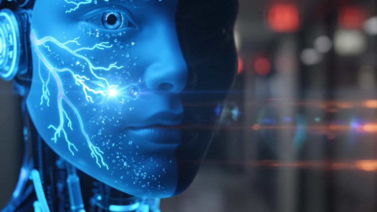 Robot umanoide futuristico che mostra tecnologia avanzata e circuiti intricati, irradiando luce blu in un ambiente moderno, fondendo intelligenza artificiale e design