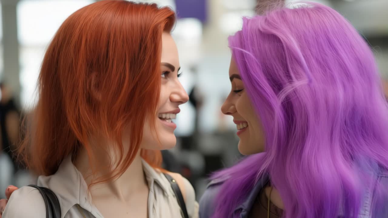 Vibrant young women with red and purple hair radiating joy, connecting through genuine smiles and playful poses while looking directly at camera