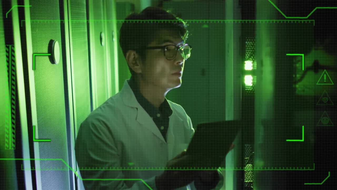 Animation of data over asian male it engineer with tablet by computer server