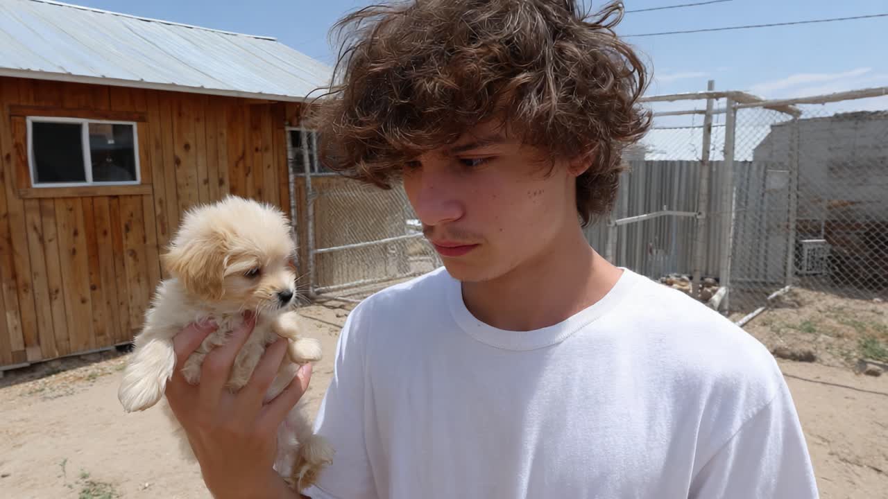 A Heartwarming Moment: A Young Person Holds a Cute Puppy with Curly Hair, Capturing a Cherished Bond in a Sunny Outdoor Setting