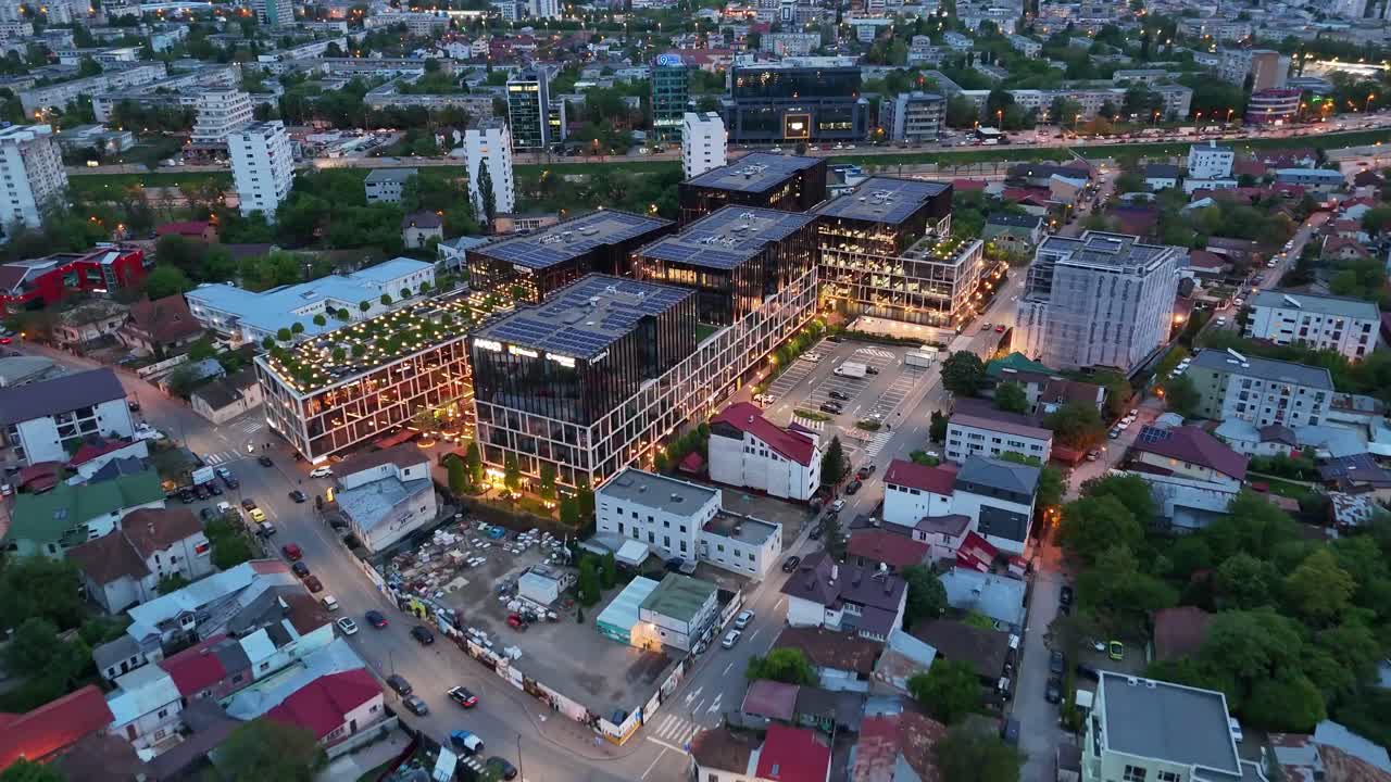 Drone aerial view over Palas Campus from Iasi city of Romania at sunset