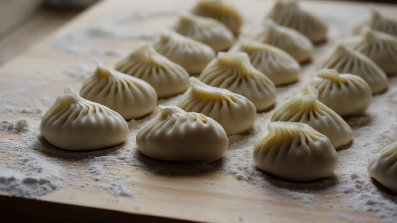 Rows Raw Dumplings On Floured Board, Artisan Pleats And Dough Texture In Soft Low Light, Wooden Board Dusted