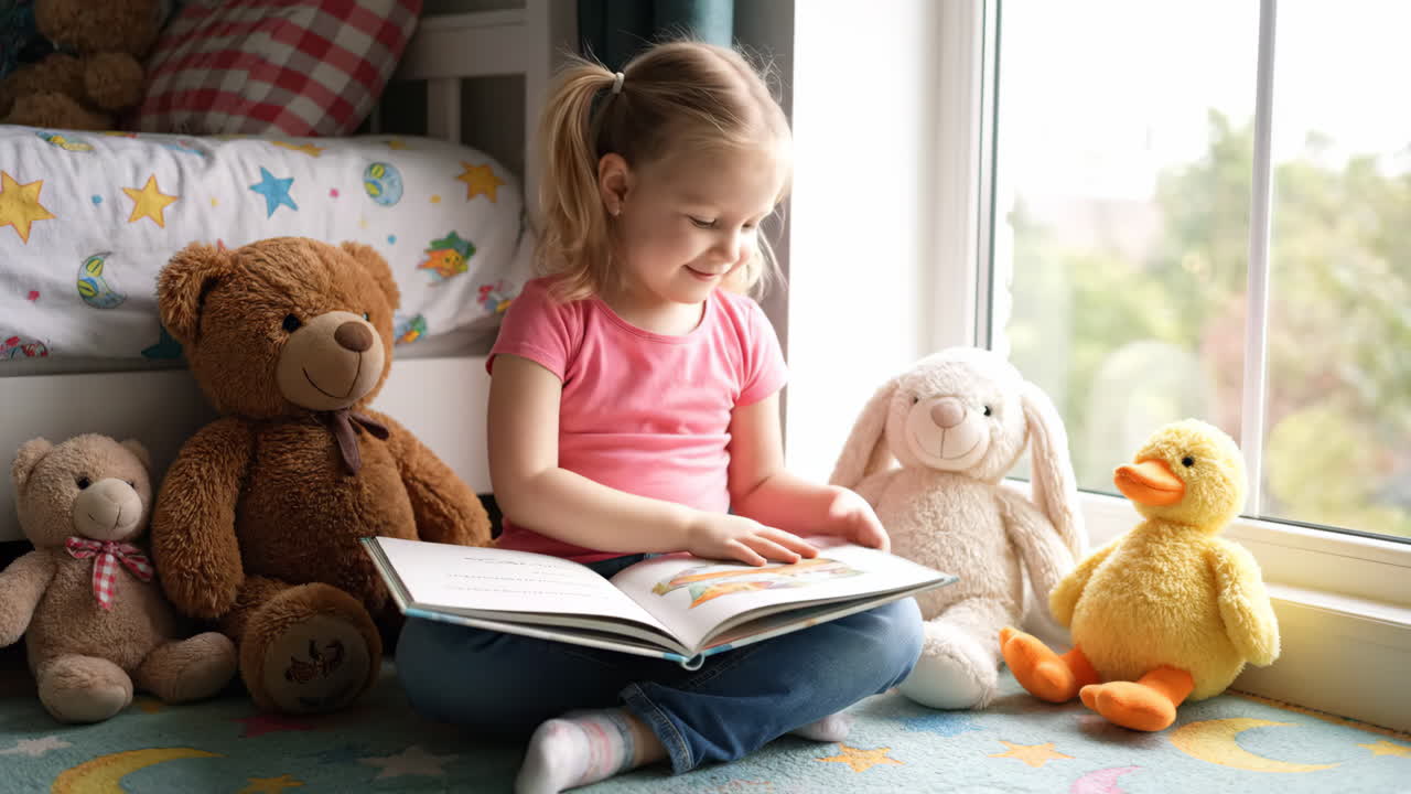 A girl reading a book with her toys by the window