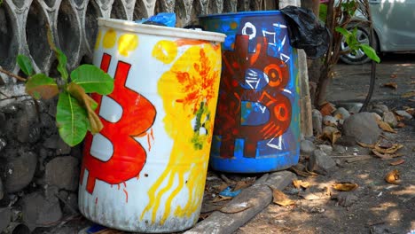 Full-shot,-a-white-and-blue-drum-with-a-red-bitcoin-logo-on-the-side-of-the-house-on-the-bitcoin-beach-in-El-Salvador-Mexico,-car-leaving-in-the-background