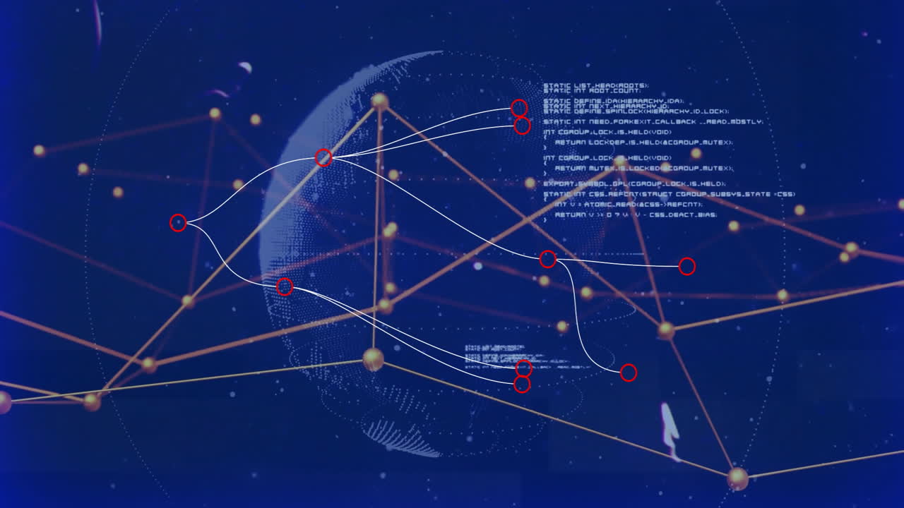 Visualization showing dotted globe with glowing network lines and floating code fragments