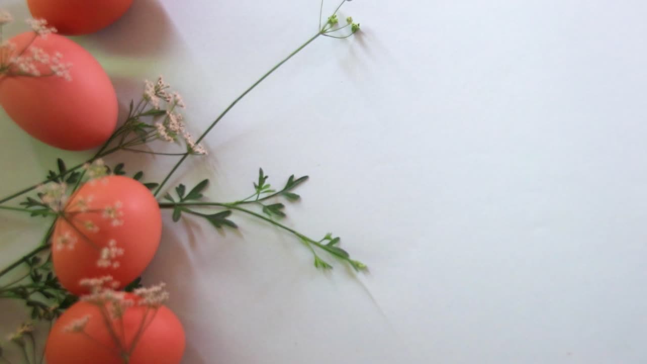 간단한 봄 및 부활절 테마 배경을 만들기 위해 한쪽에 배열된 갈색 달걀과 섬세한 꽃에 초점을 맞춥니다.