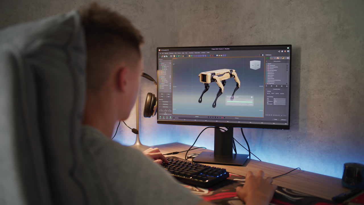 학생이 컴퓨터로 로을 설계하고 있습니다.