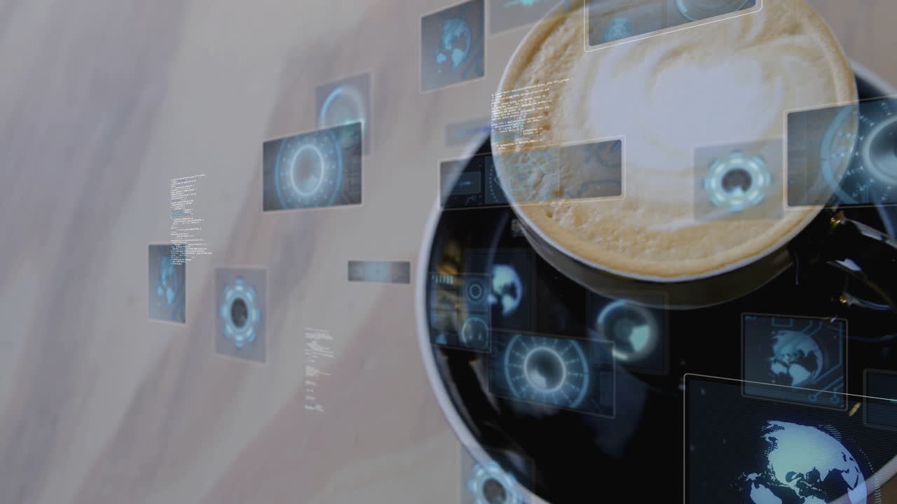 Latte coffee cup resting on wooden table showing floating blue holographic gauges and globe icons