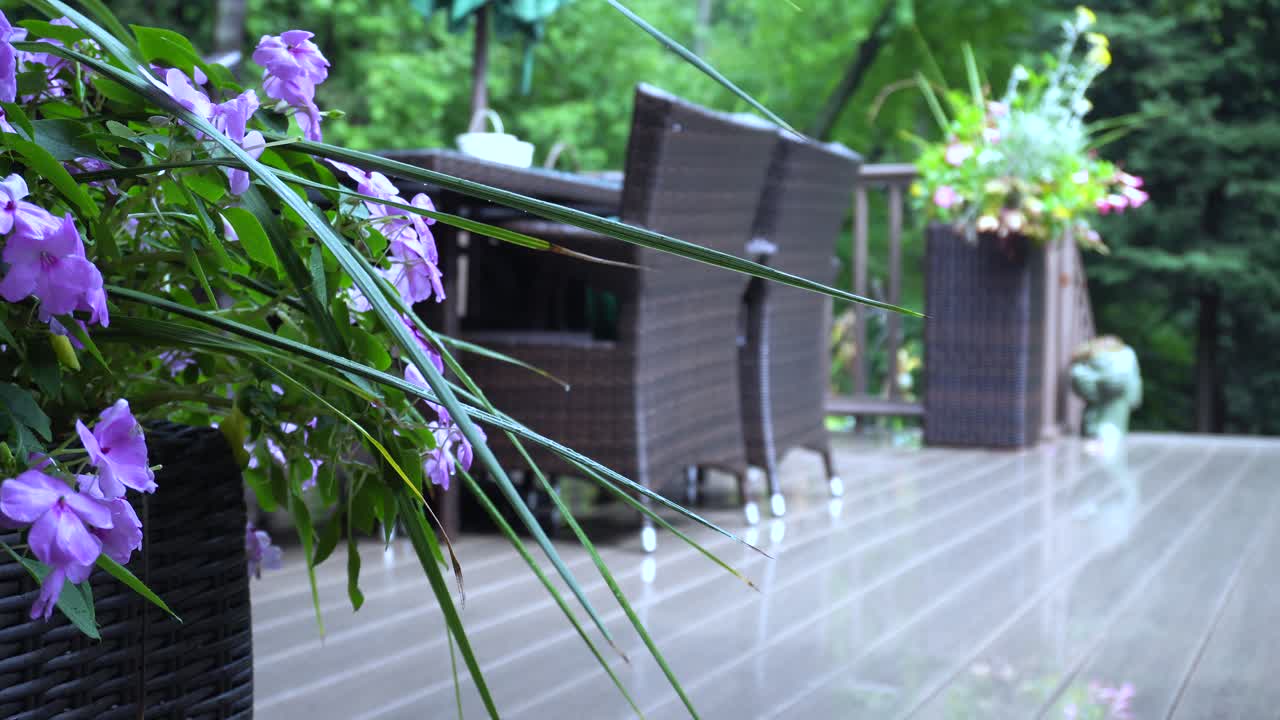 Lush depiction of a suburban backyard, featuring a deck and planters