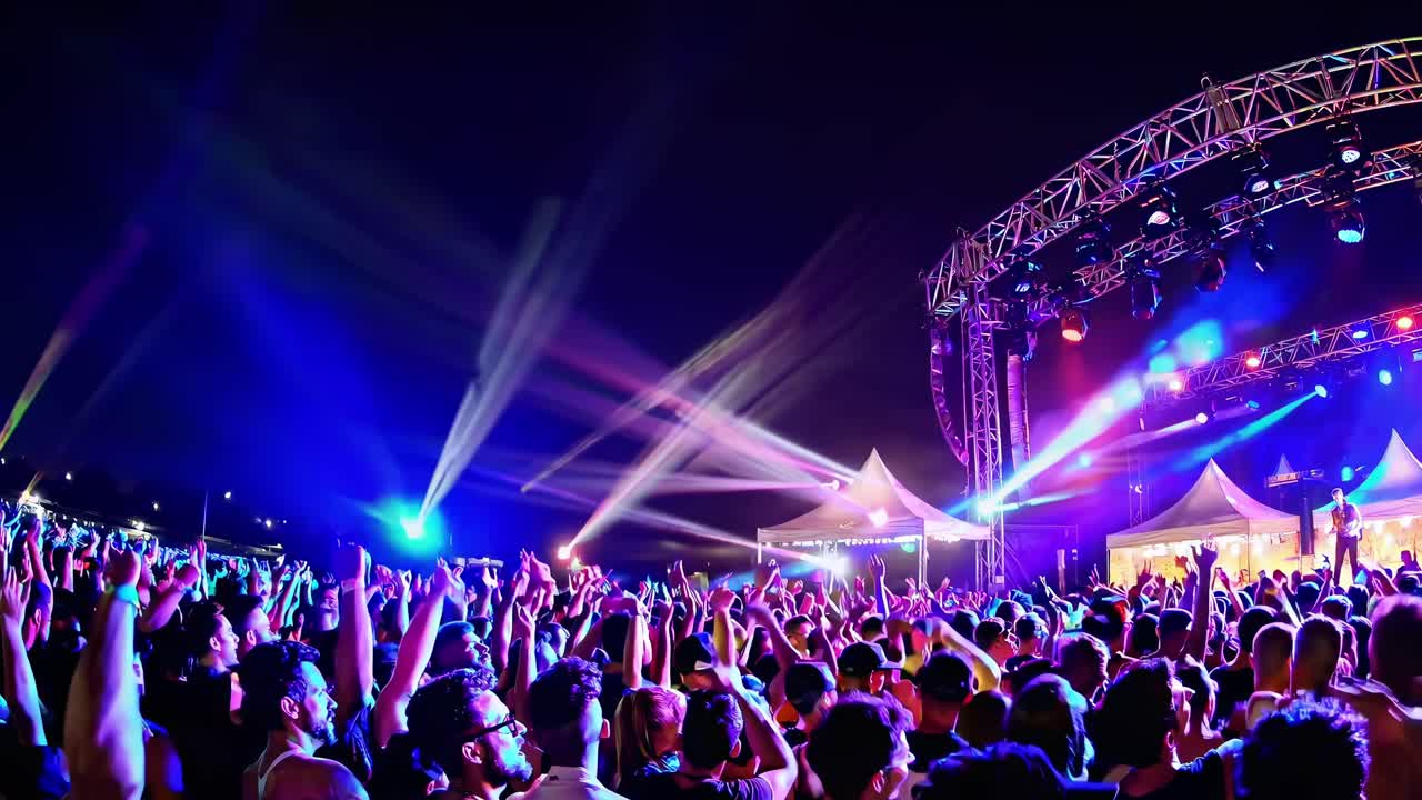 Farverig festivalscene med en menneskemængde, der danser under kulørte lamper