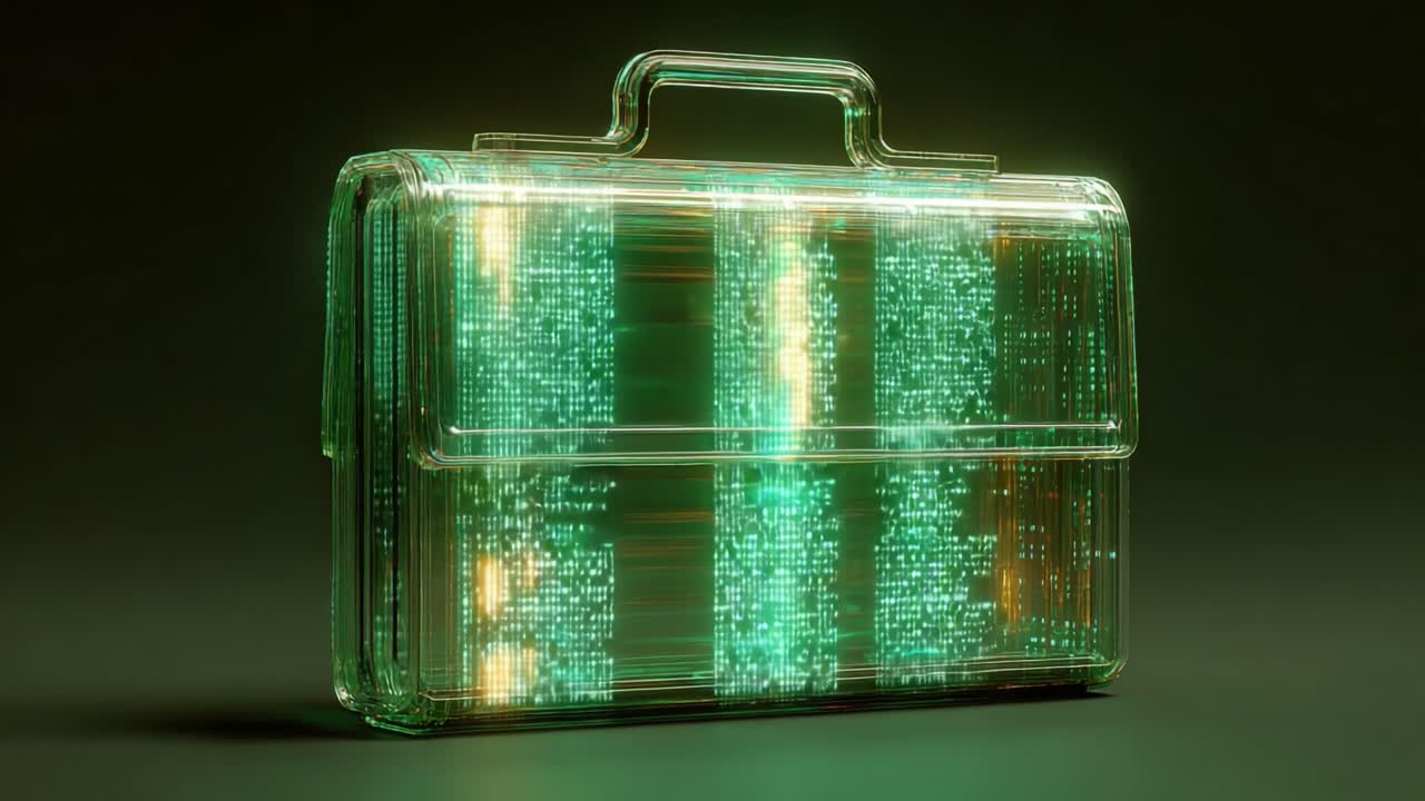 Conceptual futuristic transparent briefcase containing flowing green and yellow digital data. Representing concepts like cybersecurity. Corporate espionage. Information technology. And financial data