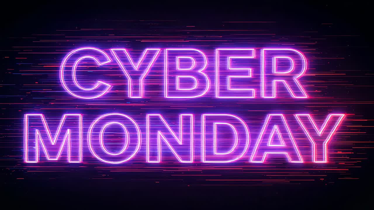 Glowing purple neon CYBER MONDAY sign pulsing with left lines coming on dark backdrop, for sale