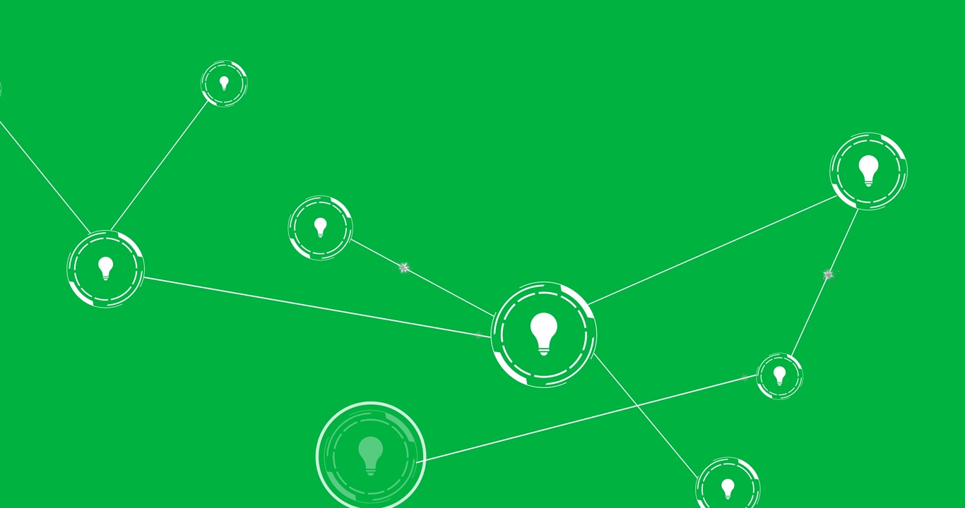 Animazione di una rete di connessioni con icone a forma di lampadina su sfondo trasparente.