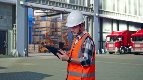 Side View Of Asian Male Engineer With Safety Helmet Working On A Tablet While Standing , Outside of Logistics Distributions Warehouse