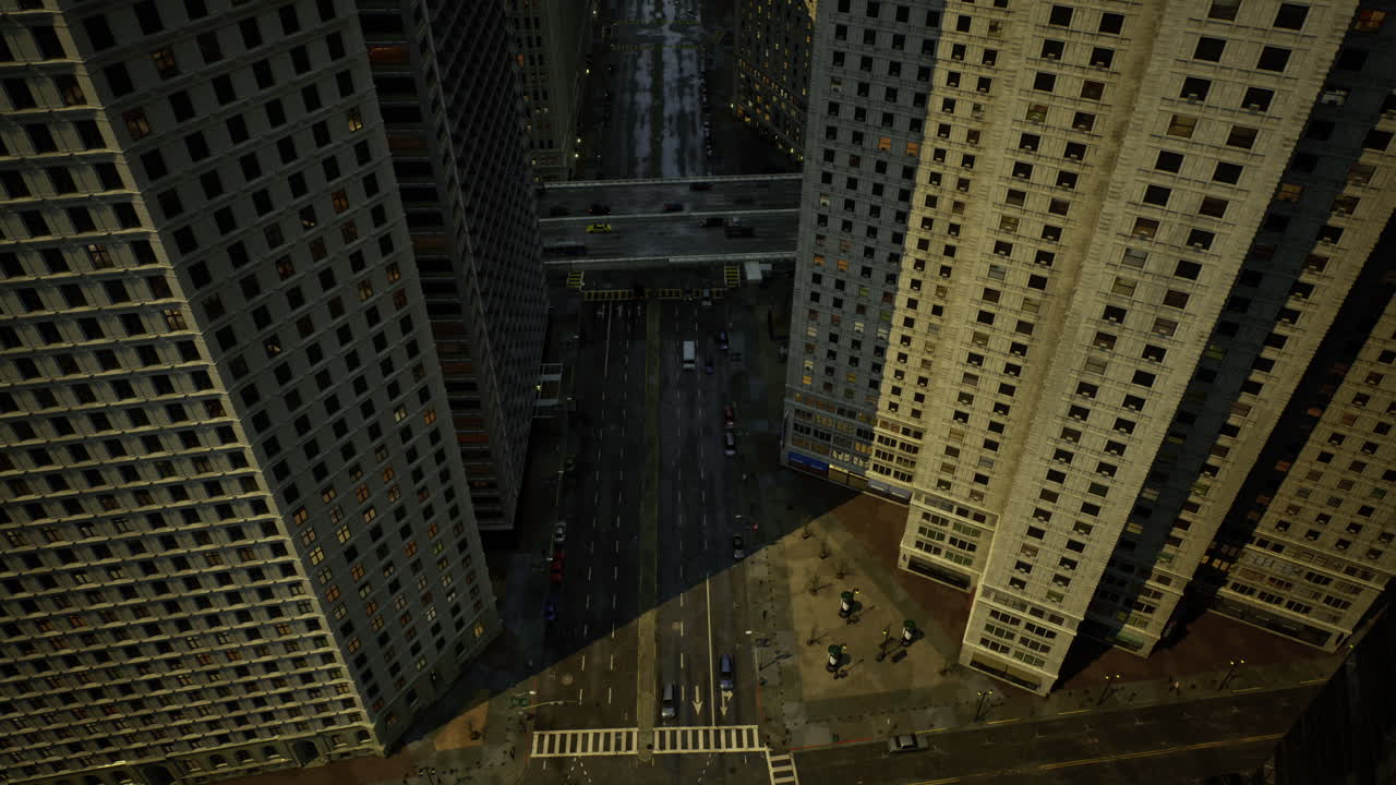 High angle view of urban city streets surrounded by tall buildings