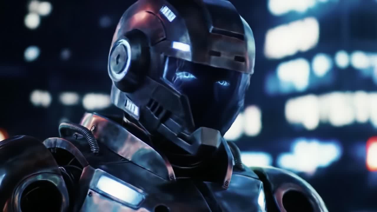 A sleek robot stands in a vibrant urban setting, illuminated by colorful lights. Its advanced features and glowing eyes create a captivating atmosphere as it interacts with the environment.