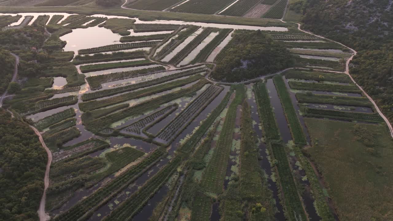 Aerial view of the Neretva delta valley river near Ploce, South Dalmatia, Croatia