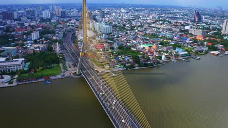 aerial view of the cable-stayed suspending bridge of rama viii in the metropolitan of bangkok, thailand