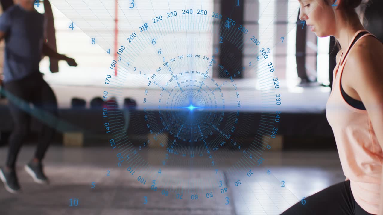 Athlete shifting weight back, pushing off, landing on 20" box in gym, HUD tracking hip or knee power