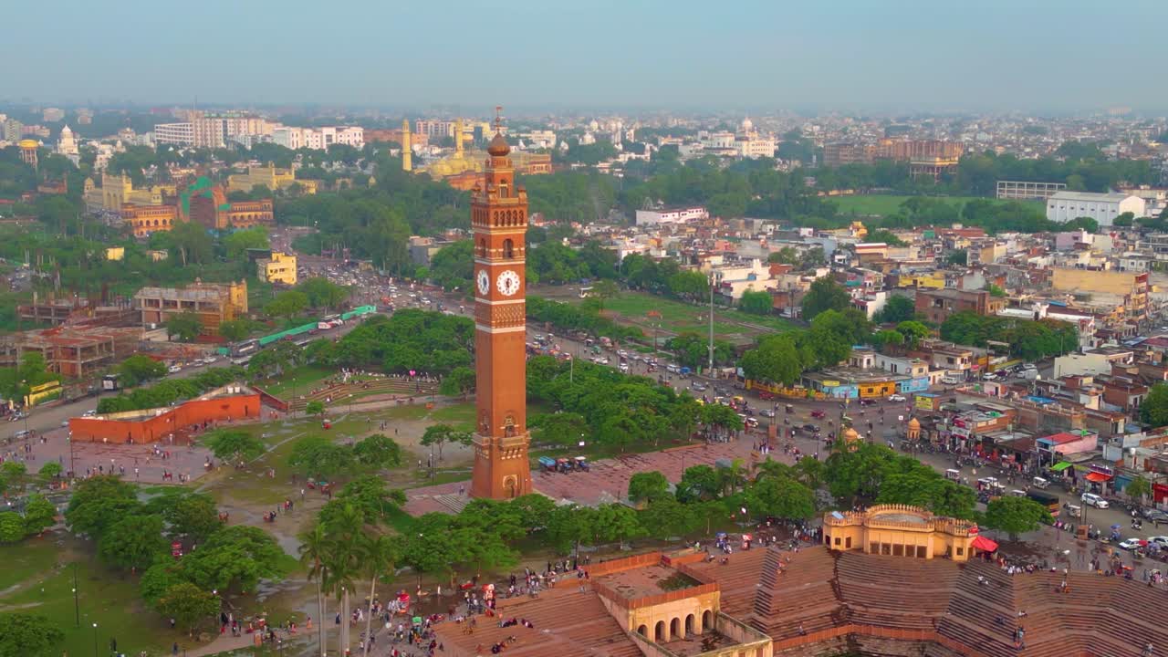 Husainabad Clock Tower and Bada Imambara India Architecture view from drone