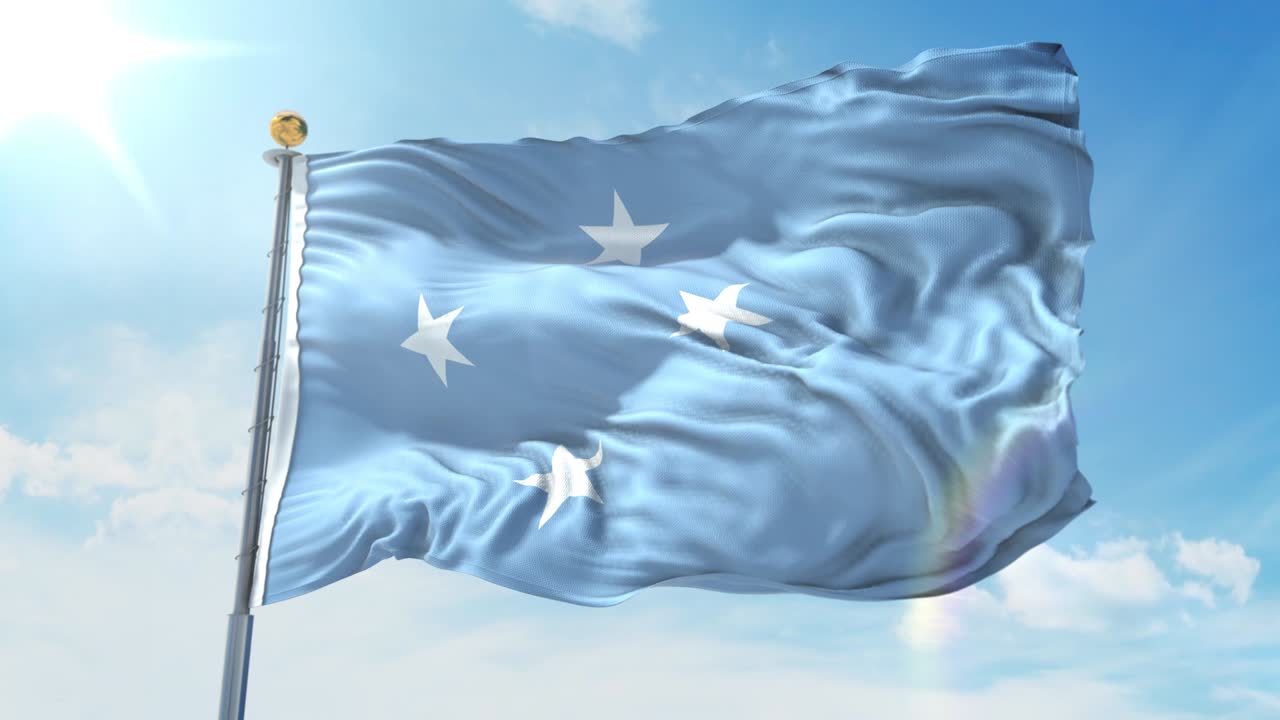 깊은 파란 하늘을 배경으로 바람에 흔들리는 미크로네시아 발, 국가 테마, 국제 개념, 3d 렌더링