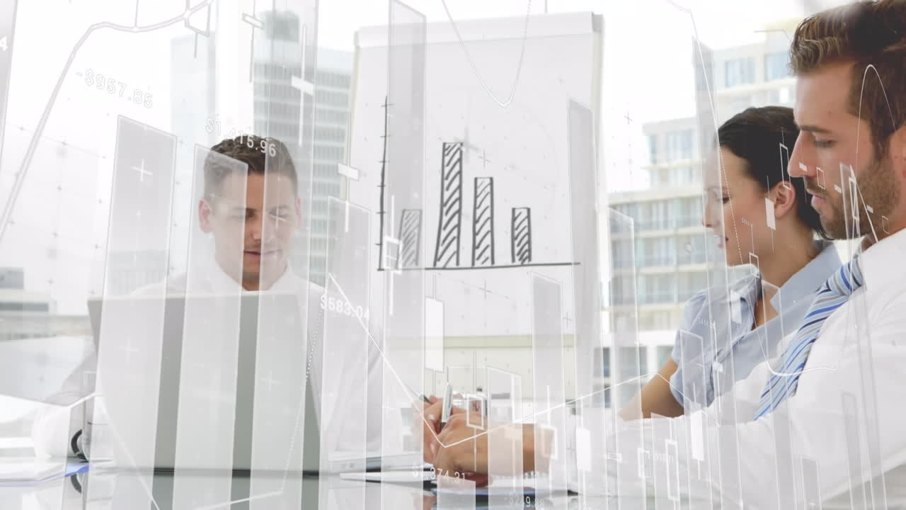 Animation von Statistiken und Datenverarbeitung über einem Geschäftstreffen