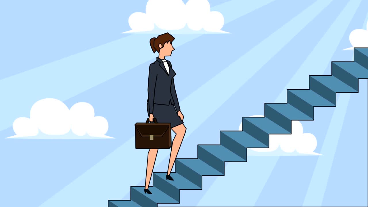케이스 가방을 가진 평평한 만화 사업가 캐릭터가 경력 사다리 계단을 올라간다 개념 애니메이션