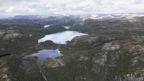 breathtaking-mountain-landscape-with-two-big-lakes-and-a-waterfall,-norway,-drone,-europe