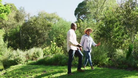happy african american senior couple walking outdoors