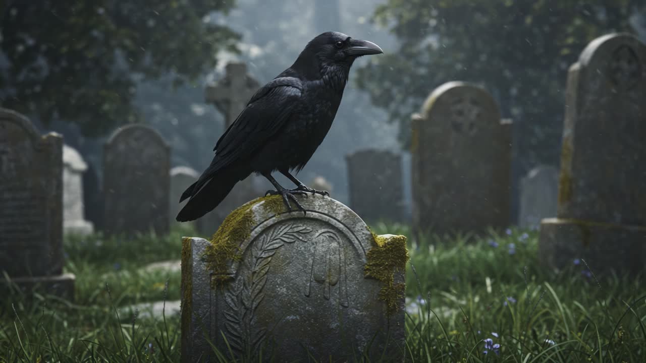 A Mysterious Raven Perched on an Ancient Gravestone in an Enigmatic Graveyard Surrounded by Fog and Overgrown Vegetation, Capturing the Essence of Solitude and Nature