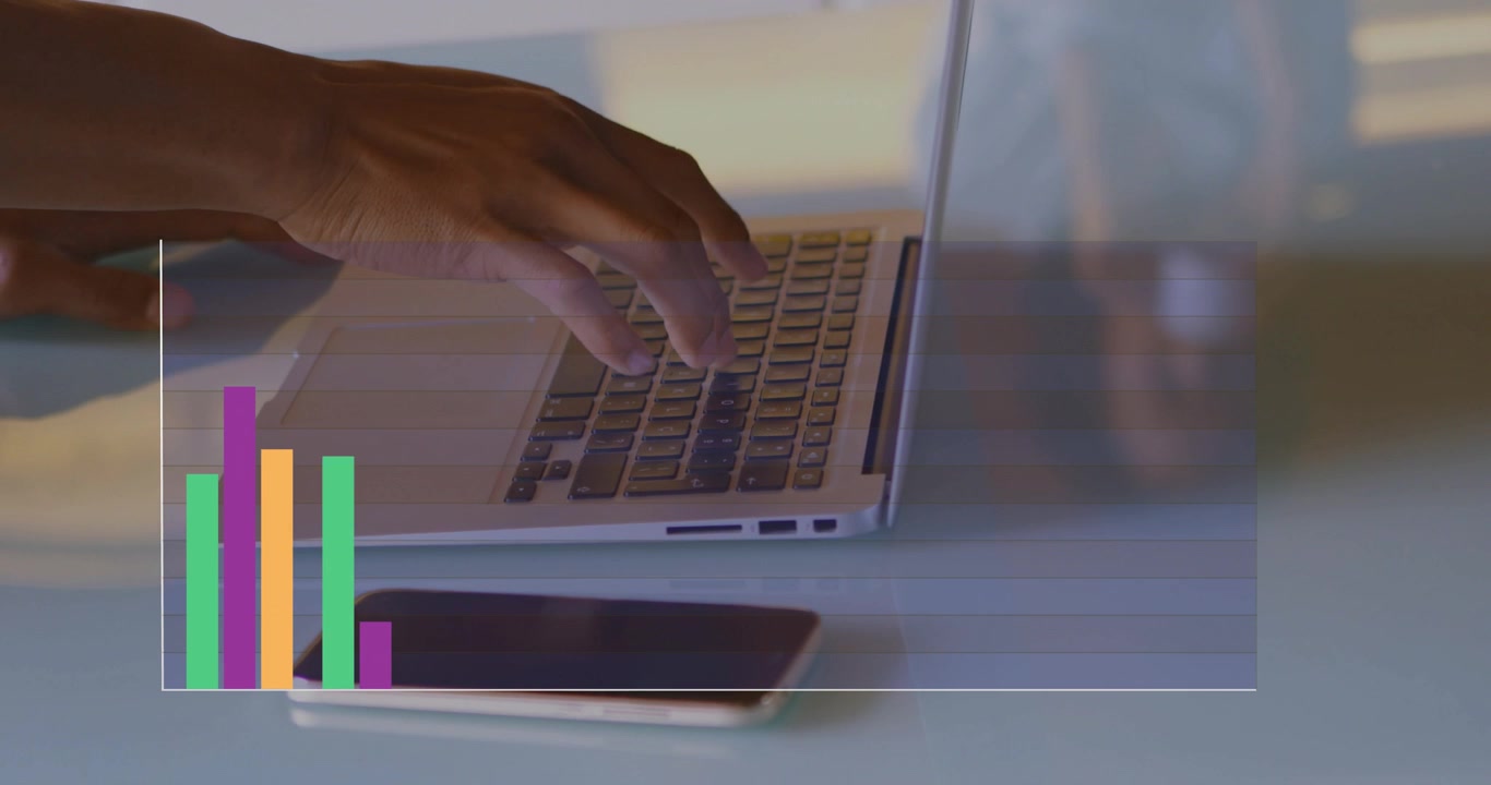 User typing on laptop phone driving finance bar chart shifting falling rising below checking data