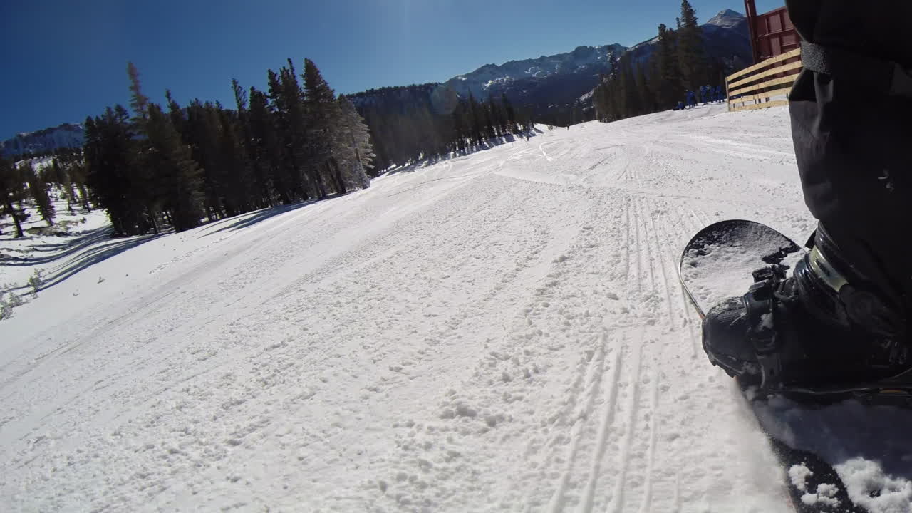 POV of snowboarder going down the slopes