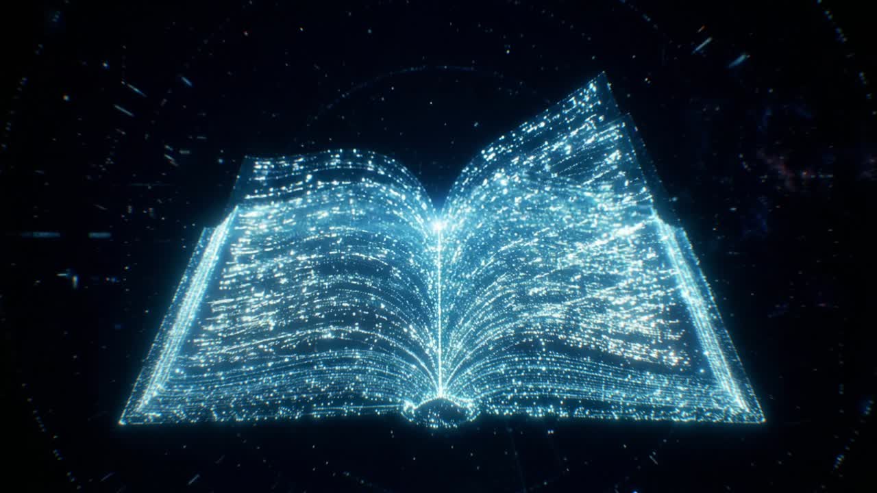 Animazione di sfogliare pagine di un libro digitale con particelle luminose