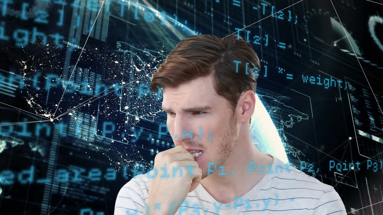 animación de un hombre caucásico de aspecto preocupado sobre un globo, procesamiento de datos y estadísticas