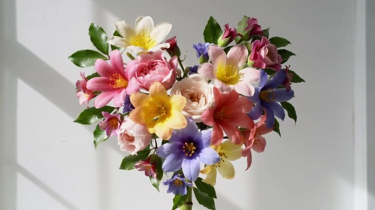 Zooming camera bringing heart bouquet closer on white wall showing green stem, focusing petals