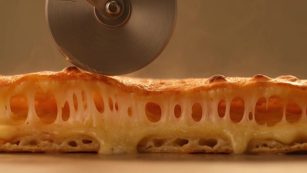 Kráječ na pizzu krájí horkou sýrovou placku