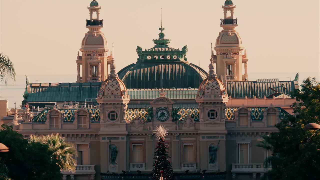 Monte Carlo, Monaco - December 14, 2024: Distant view of the Monte Carlo Casino decorated for Christmas in daylight